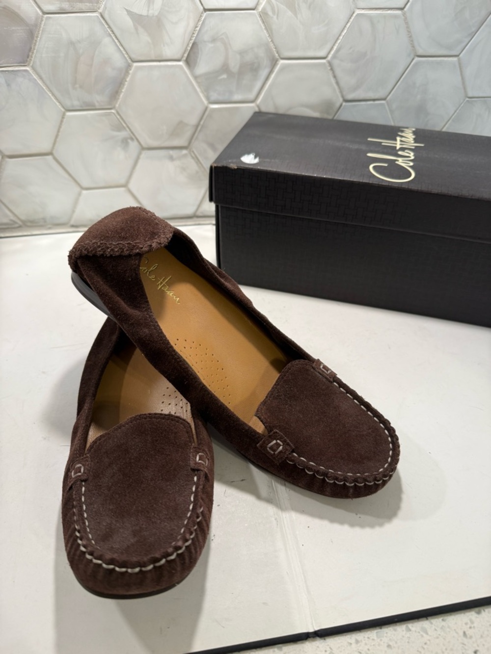 Cole Haan NikeAir Collab Candyce Brown Suede Loafers Sz 7 Box Flats Moccasin - Picture 6 of 9